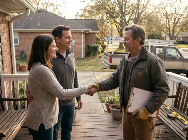 Homeowners shaking hands with a contractor on their porch