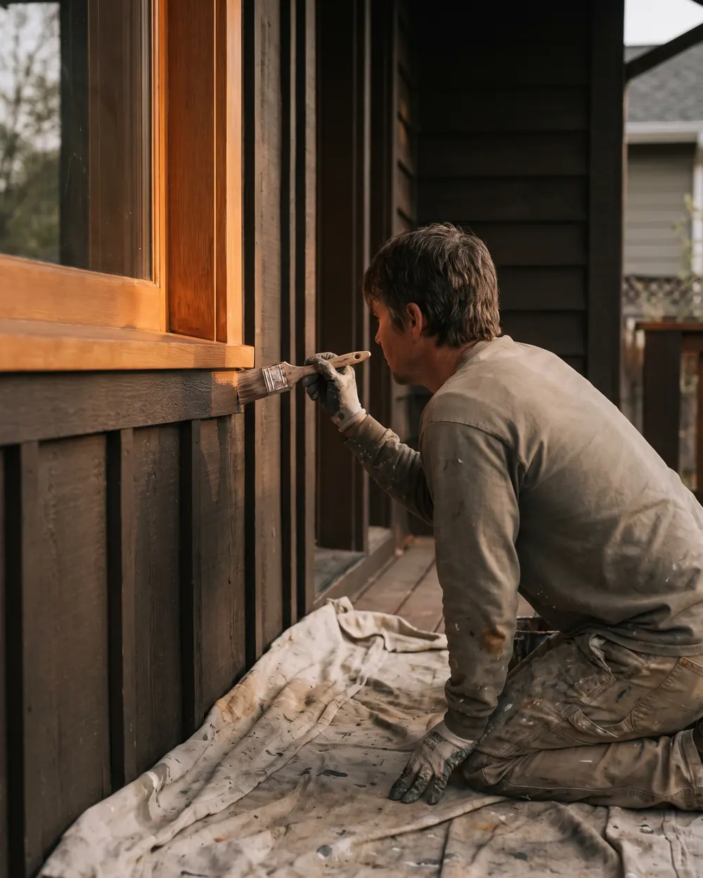 Painter brushing an exterior window frame