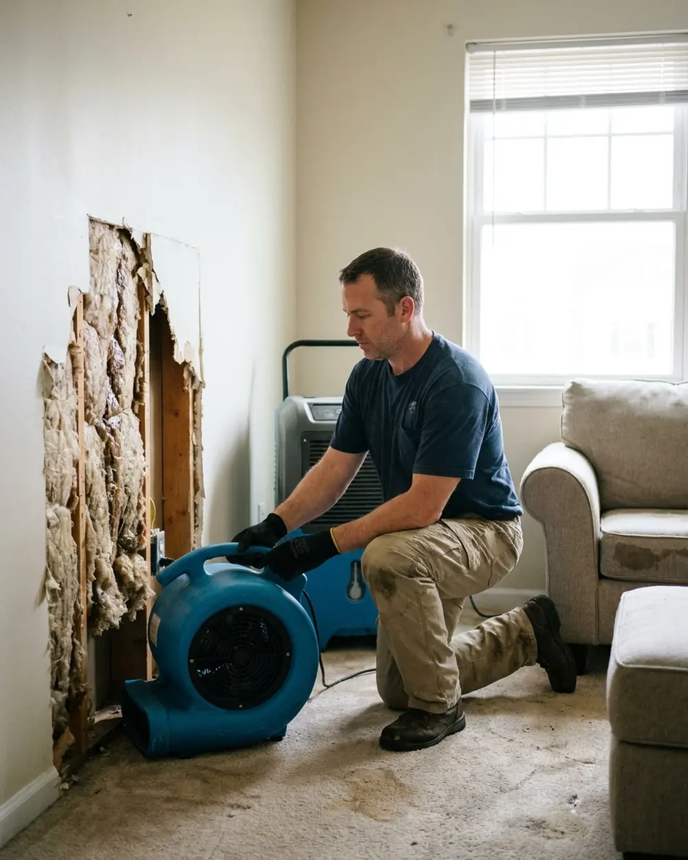 Restoration technician placing an air mover beside an opened wall