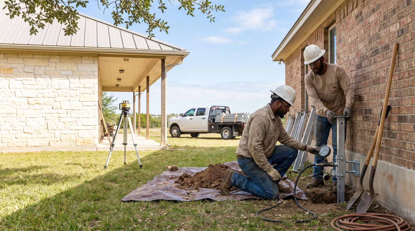 Crew installing a steel pier beside the foundation of a stone and brick home