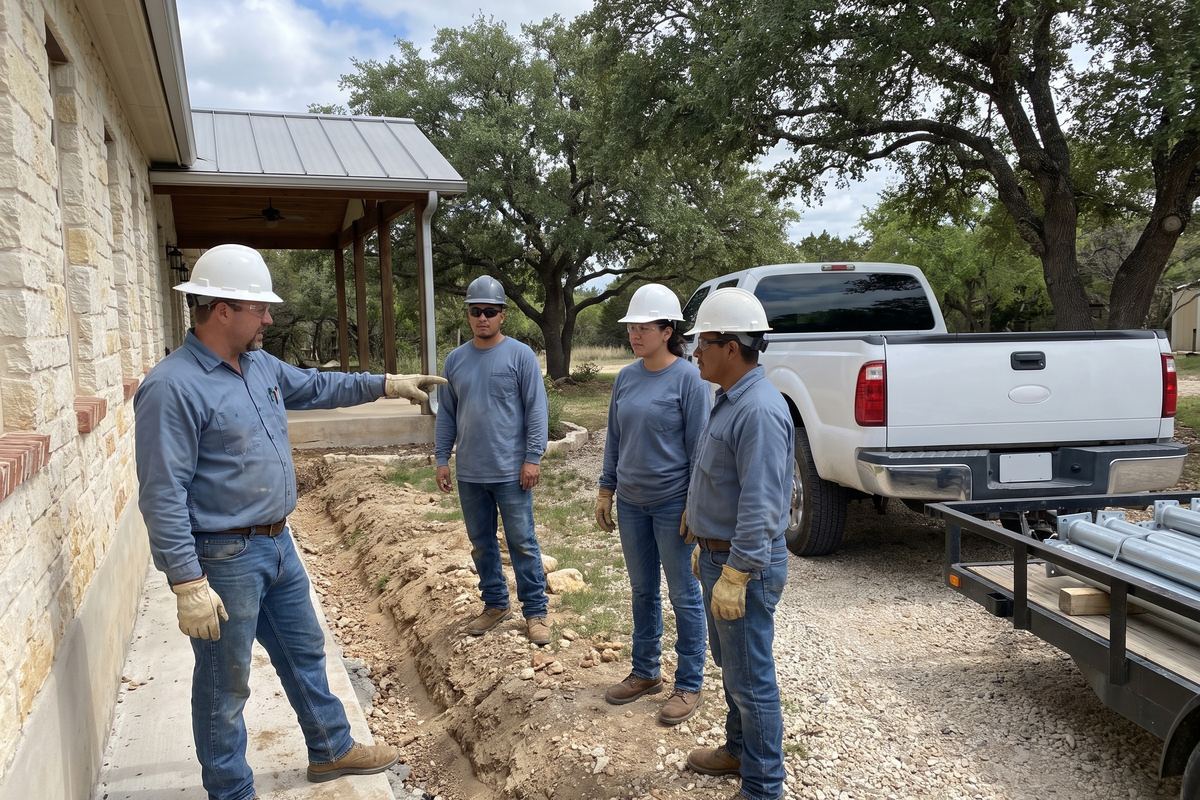 Inspector and crew beside a trench along a stone foundation wall