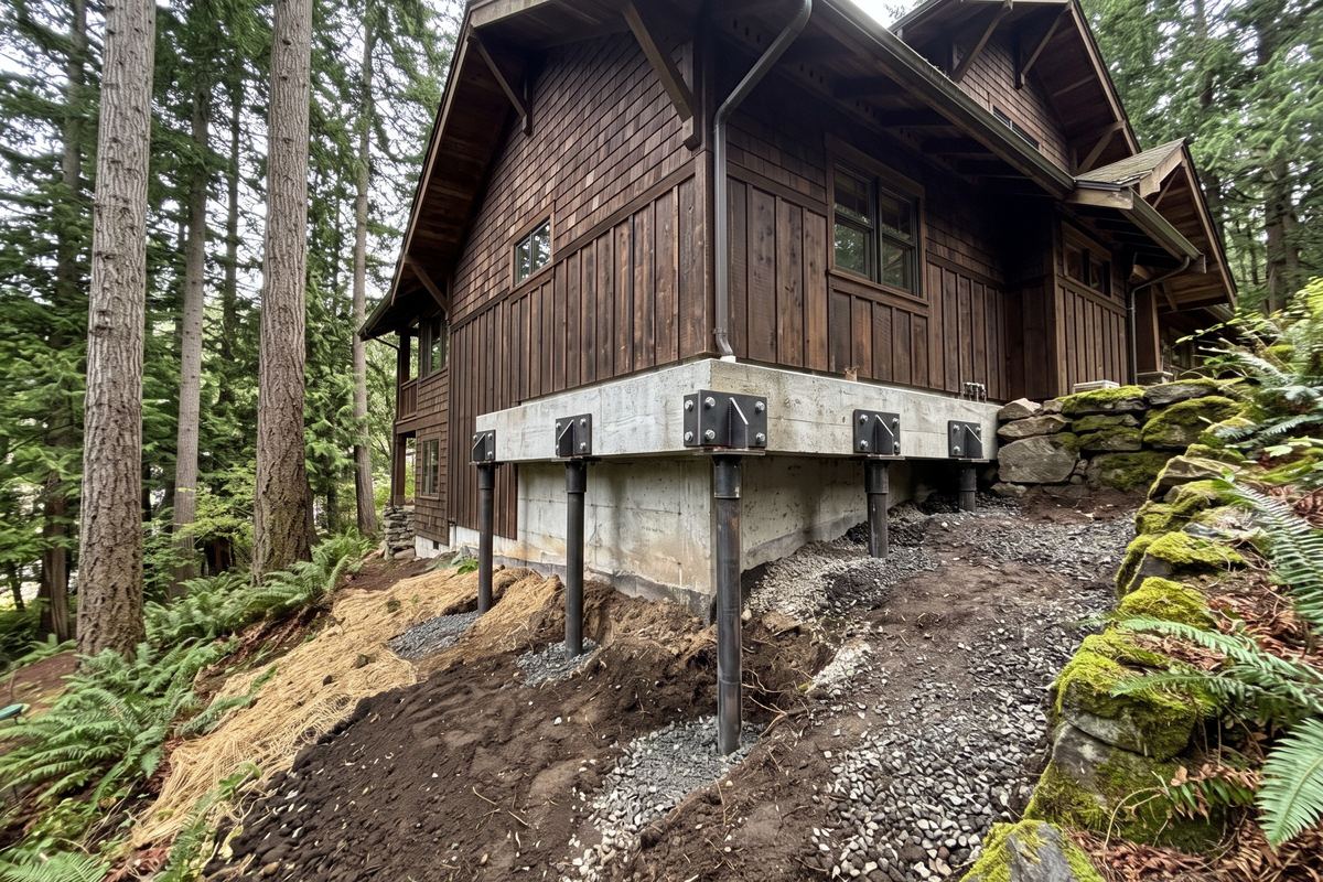 Steel piers under a hillside cabin in Schertz