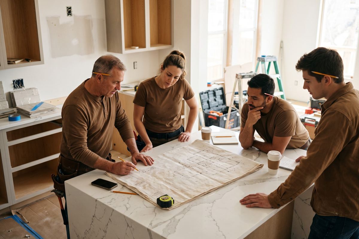Crew in matching shirts reviewing plans on a marble island